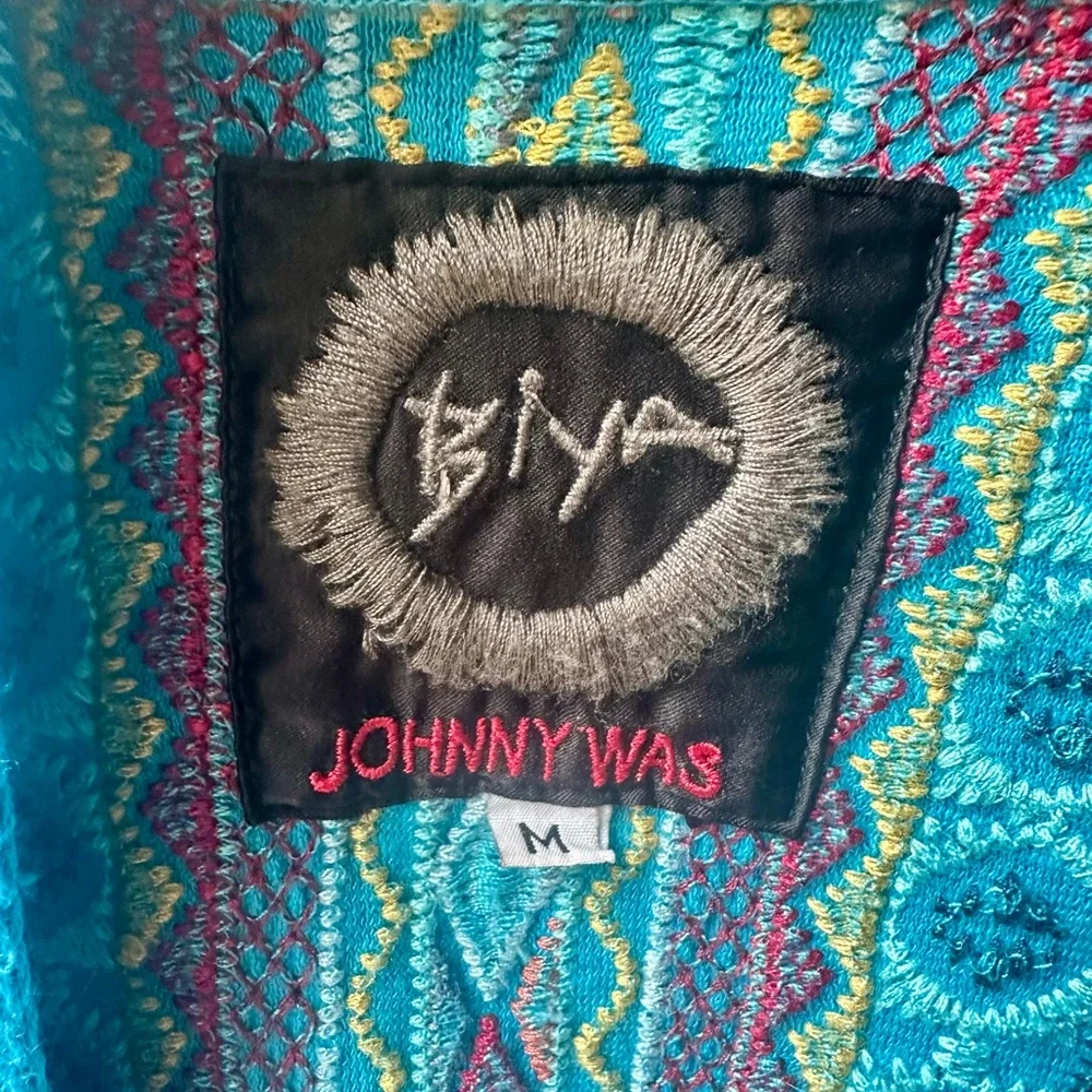 Johnny Was BIYA Embroidered Turquoise Open Front Cardigan Jacket Pockets Belt M - Picture 7 of 9